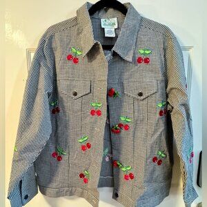 Cracker Factory B&W Gingham Coat Jacket Button Down Cherry Fruit Embroidered Med